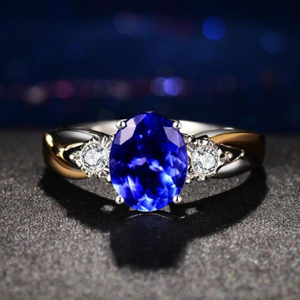 

wedding rings exquisite two tone gems open ring oval cut blue zircon bridal jewelry engagement party women fine, Slivery;golden