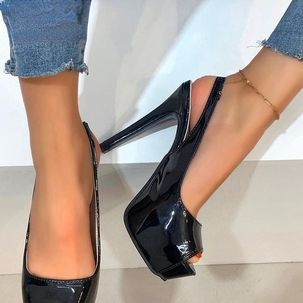 

sandals plus size platform stiletto heels pumps women peep toe patent leather party shoes woman strap leopard print, Black