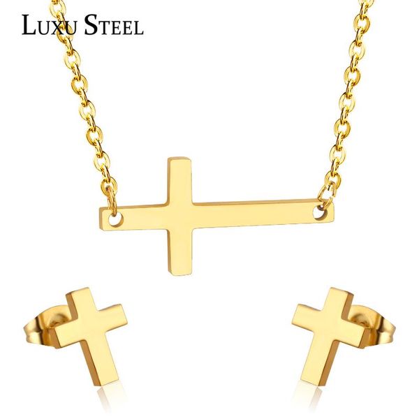 

earrings & necklace luxusteel mujer inoxidable stainless steel cross necklaces gold color stud earring bijoux 2021 collars choker accessorie, Silver