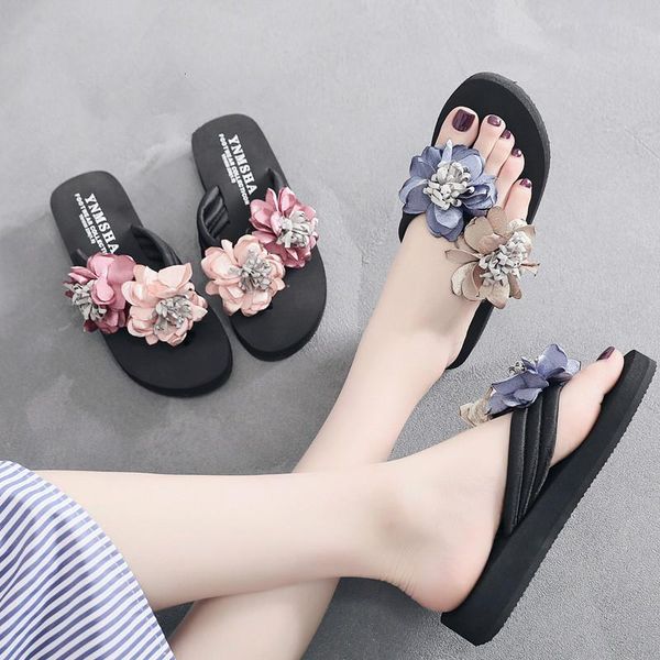 

slippers women flowers flip flogs high heel beach shoes fashion summer big girls princess soft bottom, Black