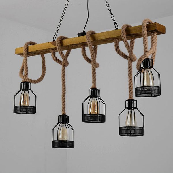 Loft Vintage Pendelleuchte Seil Holz Decke Esszimmer Restaurant Café Wohnzimmer Hanf Kronleuchter Beleuchtung Dekor Droplight