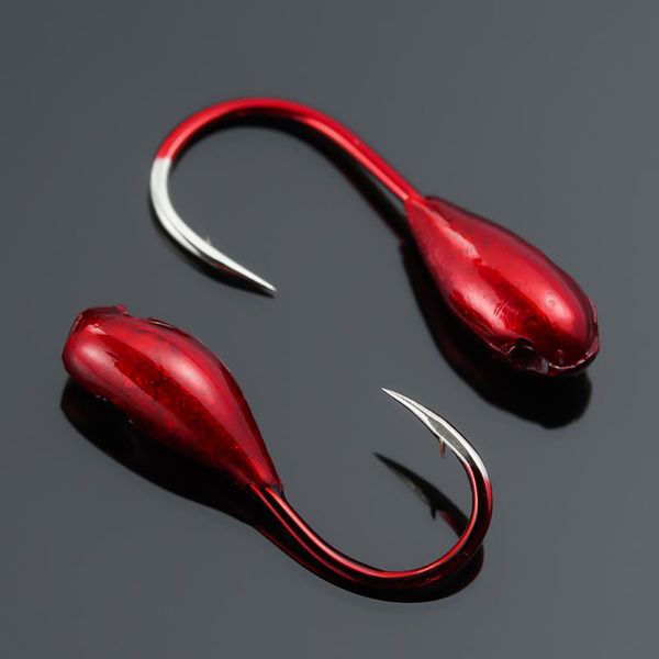 Ganchos de pesca 10 pçs / set alto-carbono aço inverno gelo derrubado gabarito cabeça gancho de chumbo vermelho worm maggot mosca doebook carpa