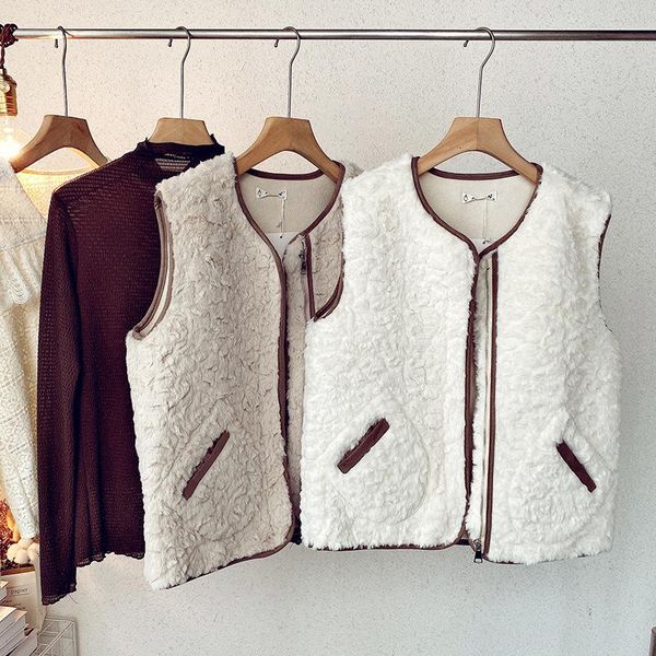 

women's vests vintage thicken plush vest cardigan women pockets design zipper vinatge korean style warm streetwear female coats, Black;white