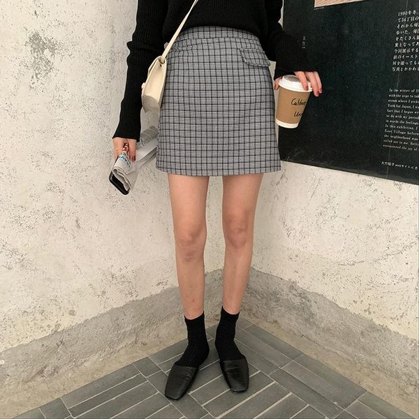 

skirts vintage plaid women office short with pocket spring summer mini korean harajuku pencil ladies 2021, Black