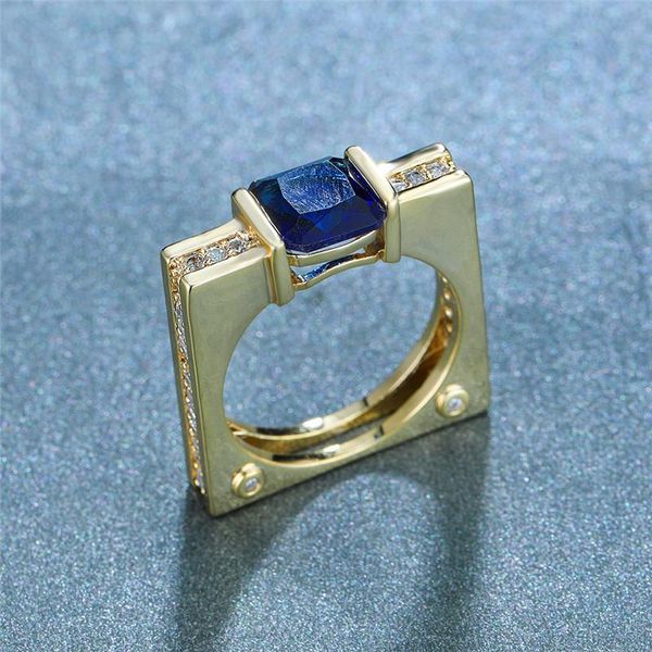 

wedding rings minimalist hollow square big stone engagement ring vintage male blue crystal fashion gold color for women men, Slivery;golden