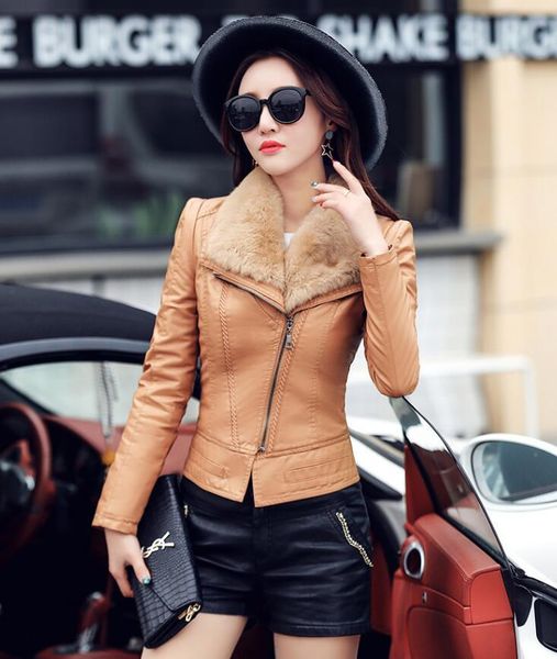 

women's leather & faux slim rex real fur collar thick women jacket autumn and winter coats outerwear, Black