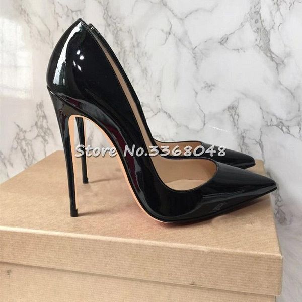 

dress shoes fashion stiletto pointed toe high heels patent leather pumps 2021 shallow slip on thin office lady shoe plus size 42, Black
