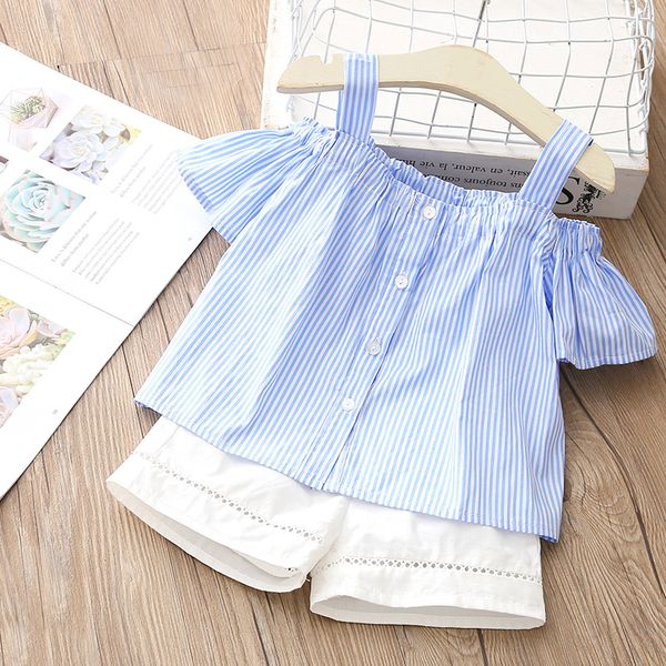 

2021 fashion new 2 3 4-11 12years simple cotton striped off shoulder strap t-shirt + shorts 2 pieces baby kids girls summer sets, White;black