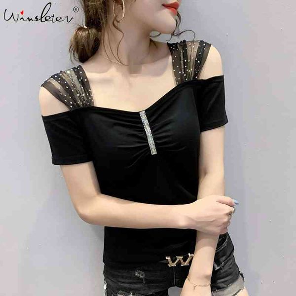 

women's t-shirt summer korean clothes t-shirt chic drape off shouder diamonds women ropa mujer short sleeve all match te, White