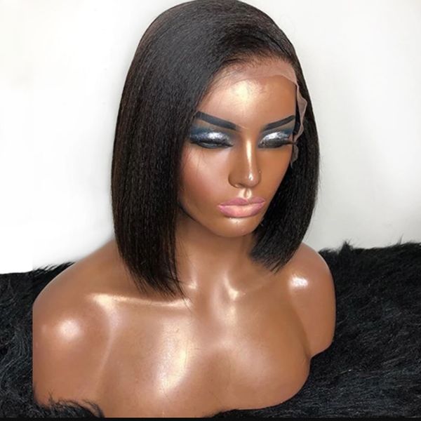 

kinky blunt short bob synthetic lace front wig for women with baby hair heat resistant fiber yaki 180 density black, Black;brown