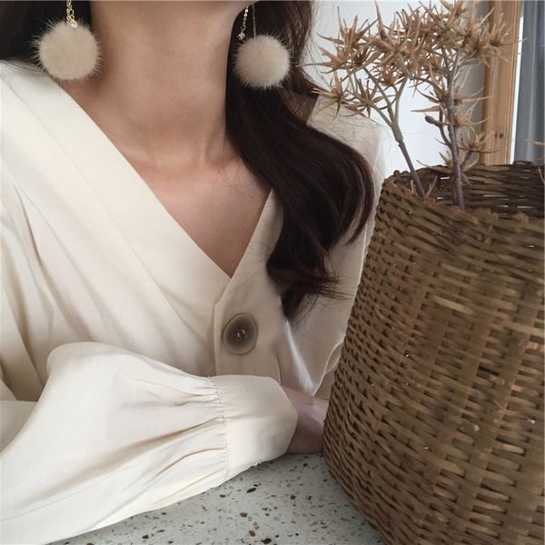 

s925 silver needle fried chicken full mink hair ball earrings korean temperament zircon earrings long 988, Golden