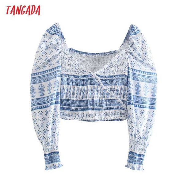 

tangada women retro print crop shirt square collar three quarter sleeve summer chic female slim shirt 4n32 210609, White