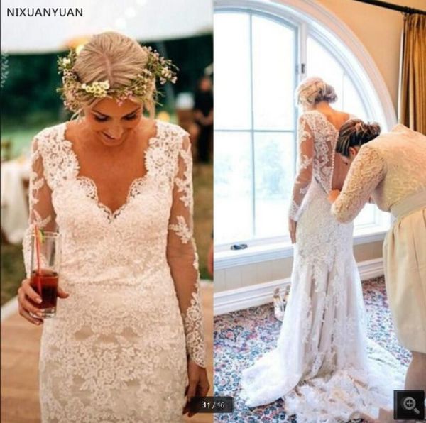 

2021 latest style summer white lace wedding dress appliques long sleeves garden bridal gowns v-neck mermaid vestidos de novia marriage recep