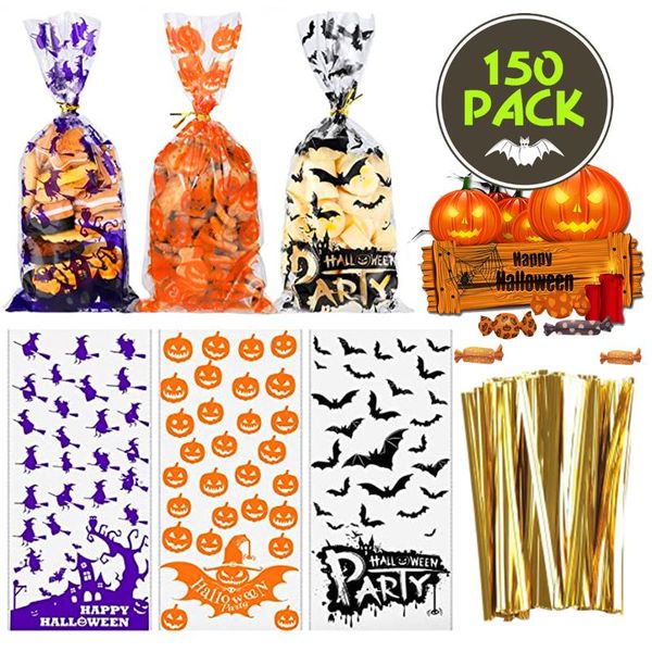 

gift wrap 150pcs halloween candy bags cellophane ties biscuits snack pocket pumpkin head witches bats plastic party decor wrapping