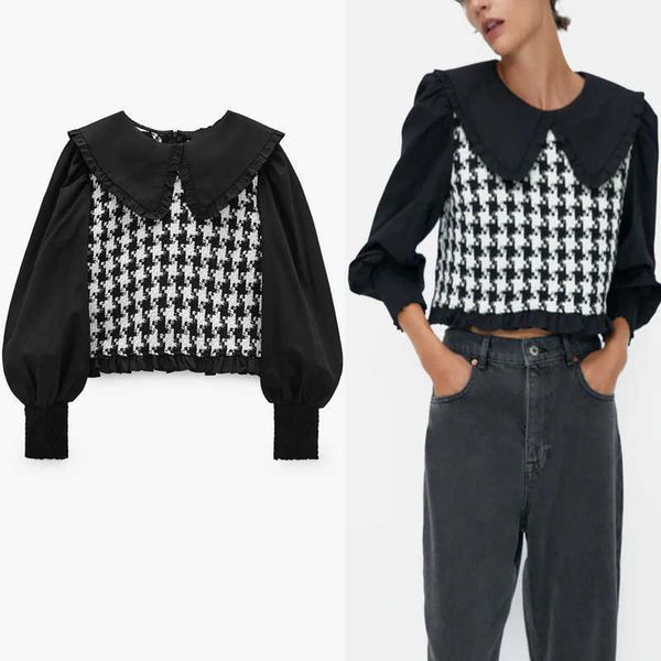 

za patchwork tweed crop blouse women long puff sleeve peter pan collar vintage shirts woman fashion ruffle black short 210602, White
