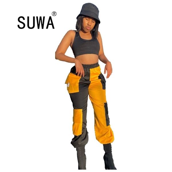 

cool girl streetwear contrast patchwork high waisted cargo pants with pocket trousers women dance vintage k-pop sweatpants 210525, Black;white