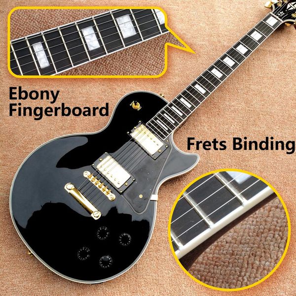 

wholesale lp custom shop black color electric guitar ebony fretboard binding frets golden hardware