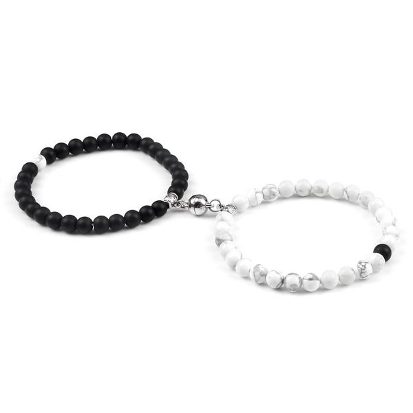 

beaded, strands arrival 2pcs/set couples rounded magnetic bracelet 6mm beaded elastic natural stone for men/women pulseras bracelets&ban, Black