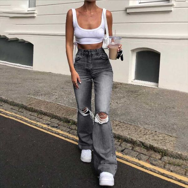 

women's jeans flare pants female large size boyfriend women high waist mom ripped 2021 stright trousers, Blue