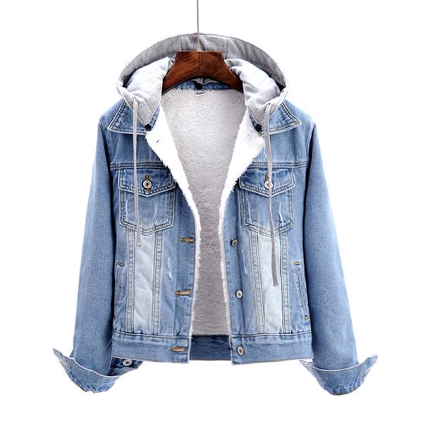 

jacket winter thick warm lambswool lining denim jackets women plus size detachable hooded long sleeve single breasted short jeans coat, Black;brown