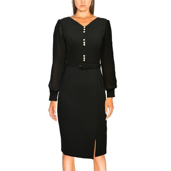 

casual dresses 2021 autumn v-neck beaded stitching chiffon pleated long sleeves slim temperament black dress women, Black;gray