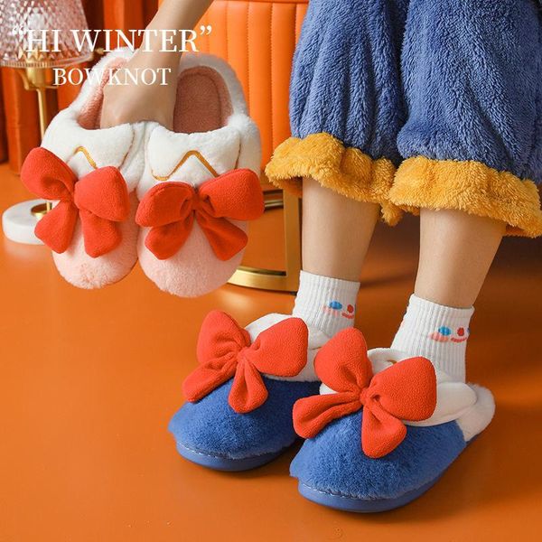 

slippers winter warm cartoon bowknot indoor home shoes lovely floor soft ladies flat fluffy thick women fashion cute girl, Black