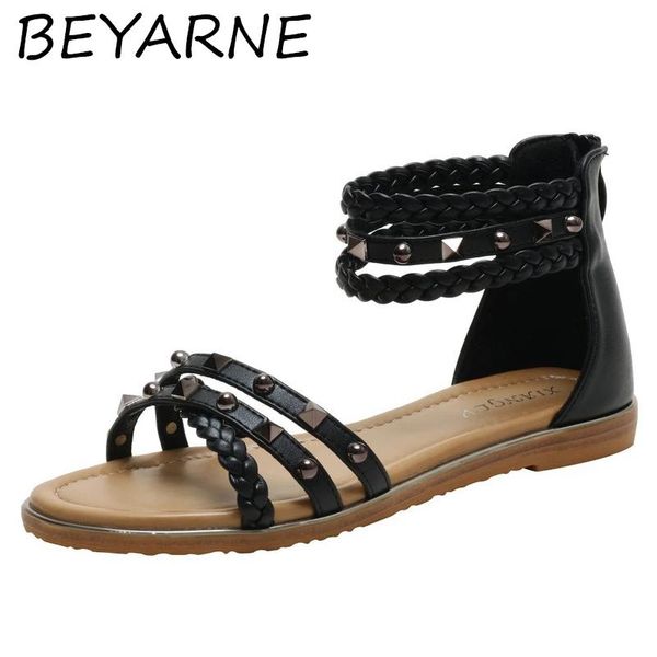 

sandals beyarne summer female wild fairy style flat bottom ladies fashion rivet roman shoes non-slip breathable beach, Black