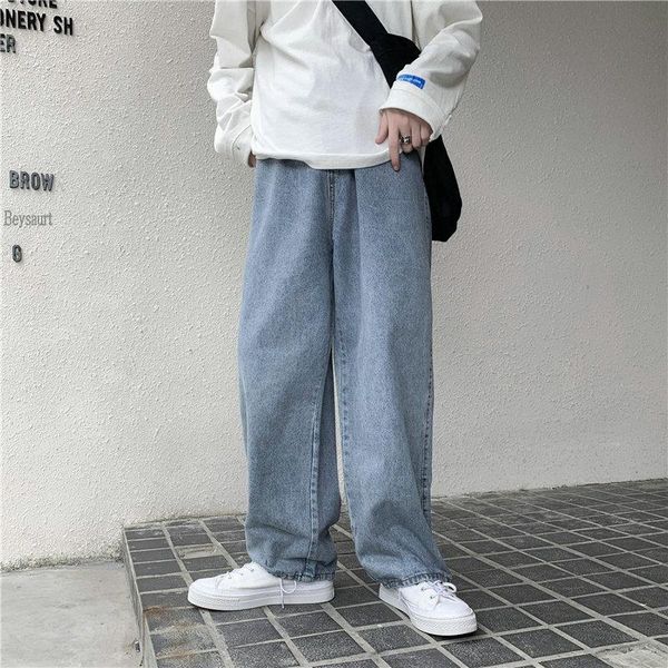 

men's jeans men denim full length straight loose males all-match trendy punk baggy retro leisure male trousers, Blue