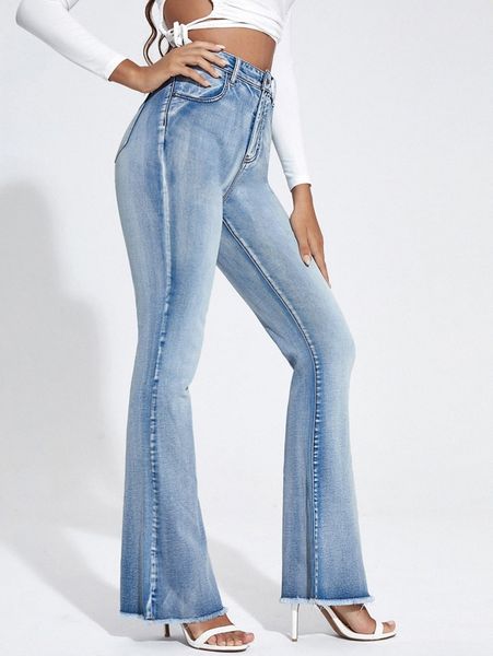 

high waisted raw hem flare leg jeans f8c4#, Blue