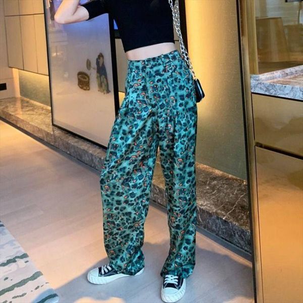 

leopard high waist women capris wide leg loose streetwear spring fall clothing casual straight trousers kz564, Black;white