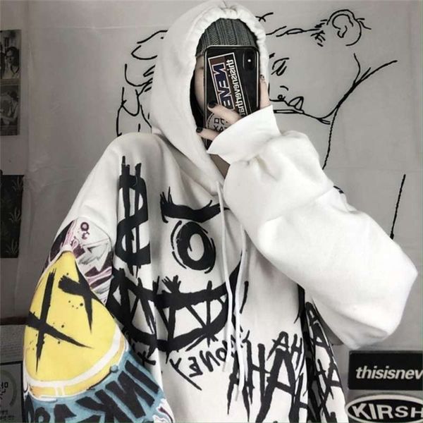 

qweek goth harajuku hoodie punk anime oversized sweatshirt graffiti hoodies women cartoon print hoodie streetwear women 210928, Black