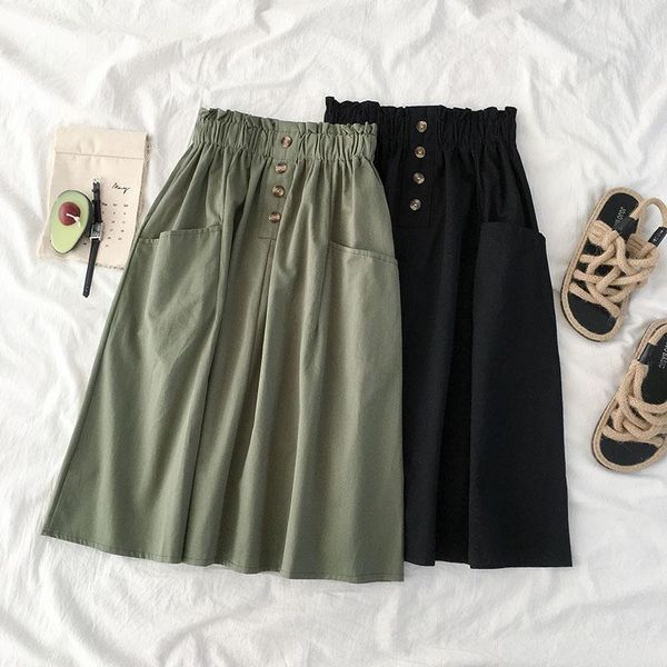 

skirts summer elegant button midi women office elastic high waist skirt female vintage pleated school a-line faldas mujer, Black