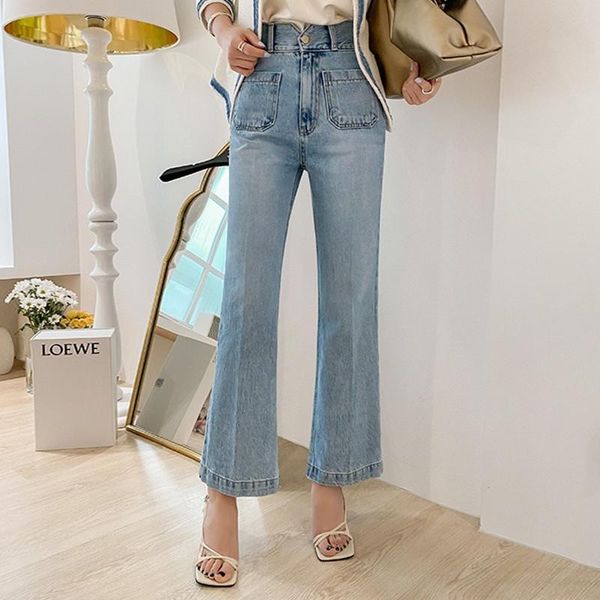 

women's jeans flared pants high waist elegant pockets fall straight trousers, Blue