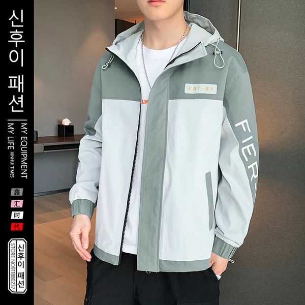 

men's jackets print jacket hoodies autumn winter korean fashion coats youth male loose oversize tooling hooded color contrast, Black;brown