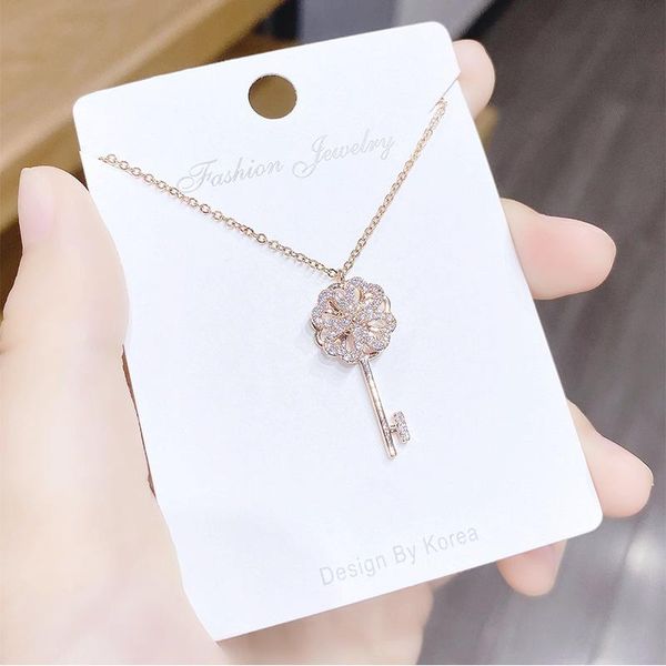 

chains exquisite rose gold cz crystal key pendant necklace for woman ins fashion all-match choker clavicle chain luxury jewelry, Silver