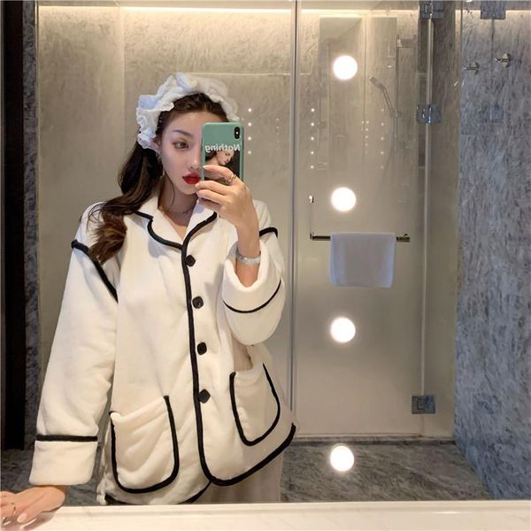 

piece pajamas set plus size women winter sweet embroidery double plush coral velvet flannel suit casual white homewear women's two pant