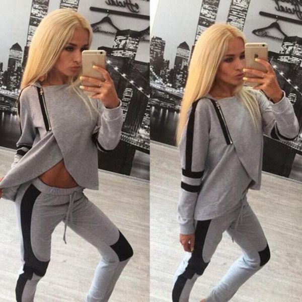 

women's two piece pants women outdoors wear shorts hoodies suits,long sleeve full length slim fit sports midriff contrast color suits, White