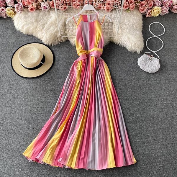 

spring summer rainbow gradient print womens dresses long spaghetti strap halter high waist draped big swing vestidos, Black;gray