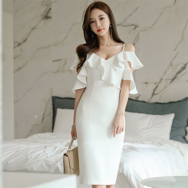 

white tight dress korean ladies summer off shoulder ruffle sleeve v neck cabaret party dresses for women 210602, Black;gray