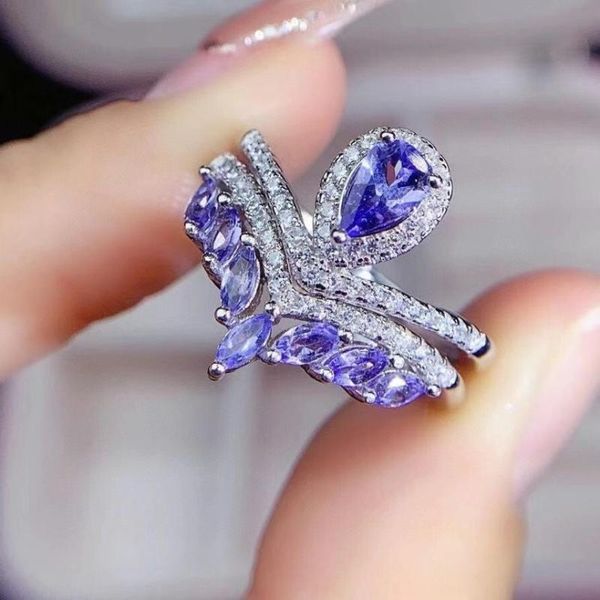 

cluster rings elegant personality tulips three wear natural blue tanzanite ring gemston s925 silver women girl party gift jewelry, Golden;silver