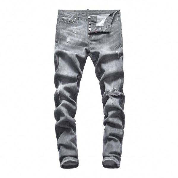 

men's jeans original european brand men stretch slim pants denim trousers button grey hole pencil, Blue