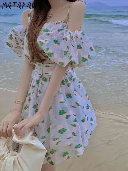 

matakawa one-shoulder puff sleeve robe femme floral suspender dress female summer short dresses slim waist vestidos 210513, Black;gray