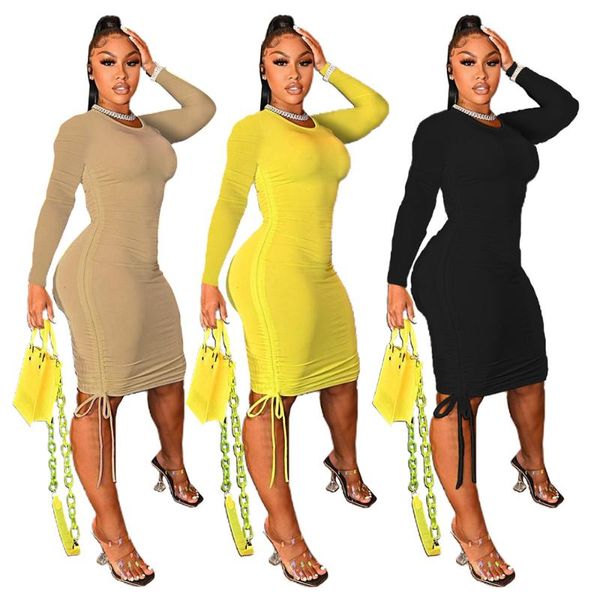 

casual dresses somoshein s-2xl autumn fahsion for women 2021 solid o neck pleating slim long sleeve dress wholesale dropshopping, Black;gray