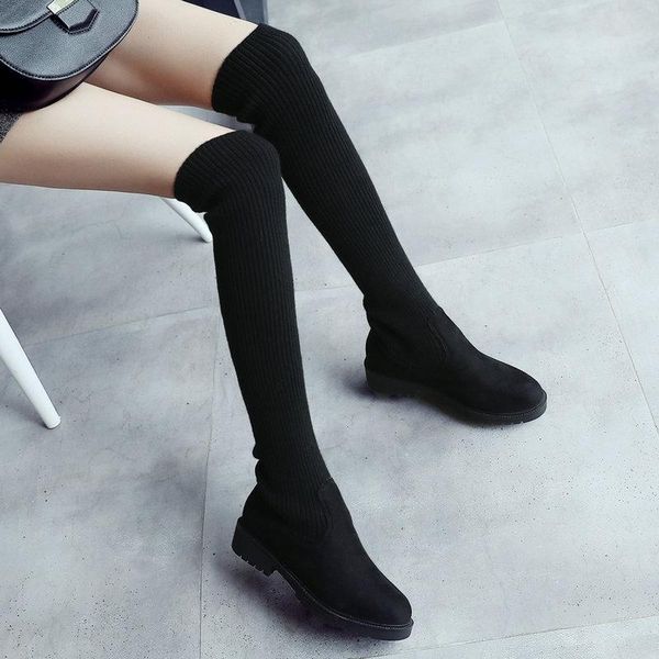 

boots 2021 black sock thigh high female autumn winter women over the knee flat stretch fashion shoes