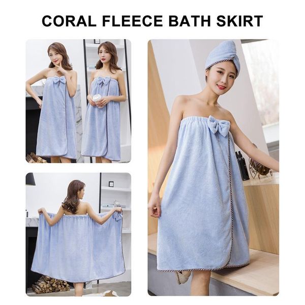 

2pcs coral fleece bath skirt women household bathrobe with fast drying cap towel