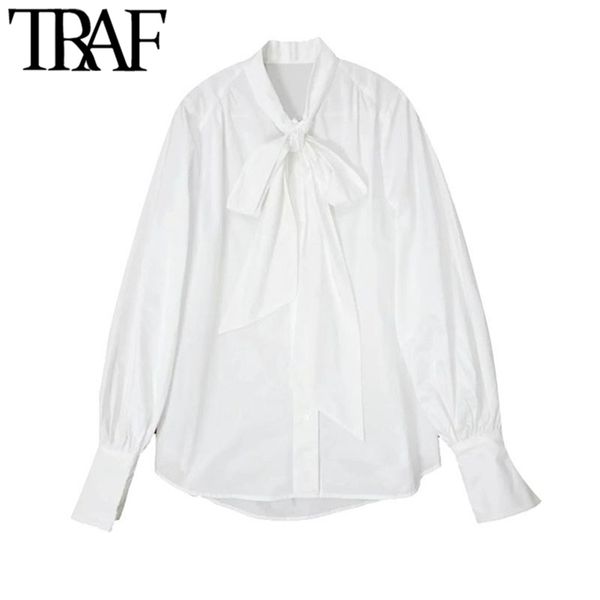 

women fashion with bow tied loose white blouses vintage lantern sleeve button-up female shirts blusas chic 210507