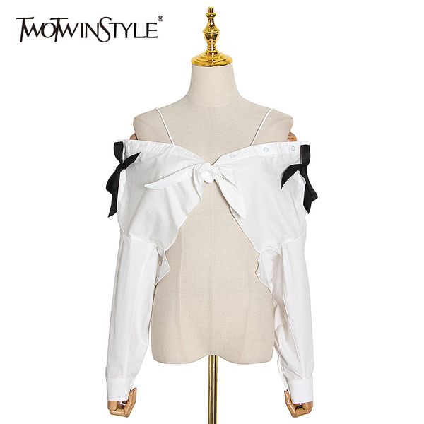 

twotwinstyle party short shirt for women v neck long sleeve lace up bowknot white blouse female summer fashion 210517