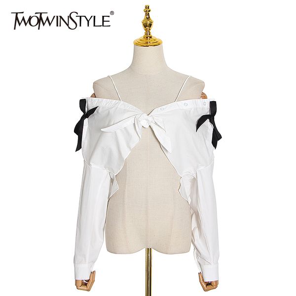 TWOTWINSTYLE Sexy Party Kurzes Hemd Für Frauen V-ausschnitt Langarm Spitze Up Bowknot Weiße Bluse Weibliche Sommer Mode 210517