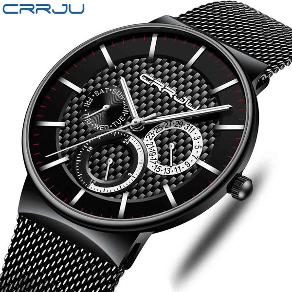 

men watch crrju ultra thin watches for men luxury waterproof date male mesh strap casual quartz watch white sport wristwatch 210517, Slivery;brown