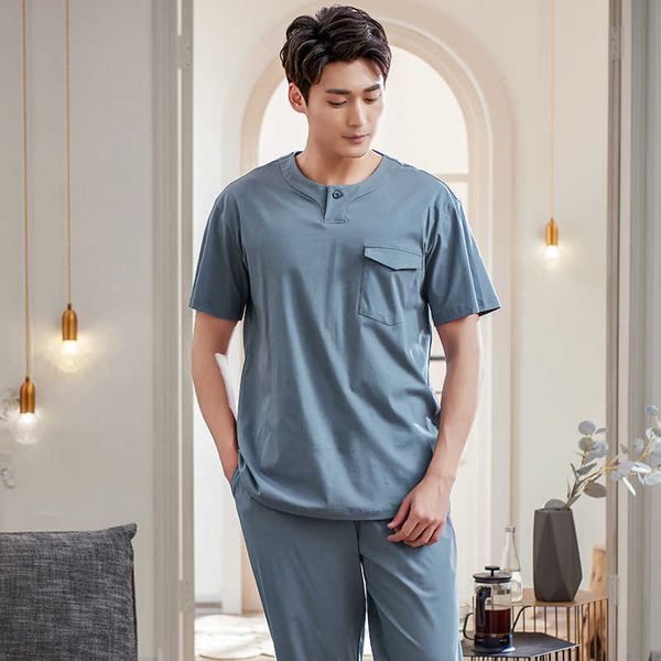 

men solid color pajamas set summer full pure cotton pyjamas male home clothes short-sleeve + long pants 2 pcs/set sleepwear 211019, Black;brown